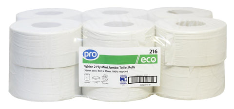 PRO Mini Jumbo Toilet Rolls 150m (76mm Core) 100% recycled 2 ply white tissue x 12 rolls
