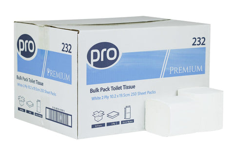 PRO Bulk Pack Toilet Tissue 2 ply white tissue, 10cm x 20cm, 36 packs of 250 sheets